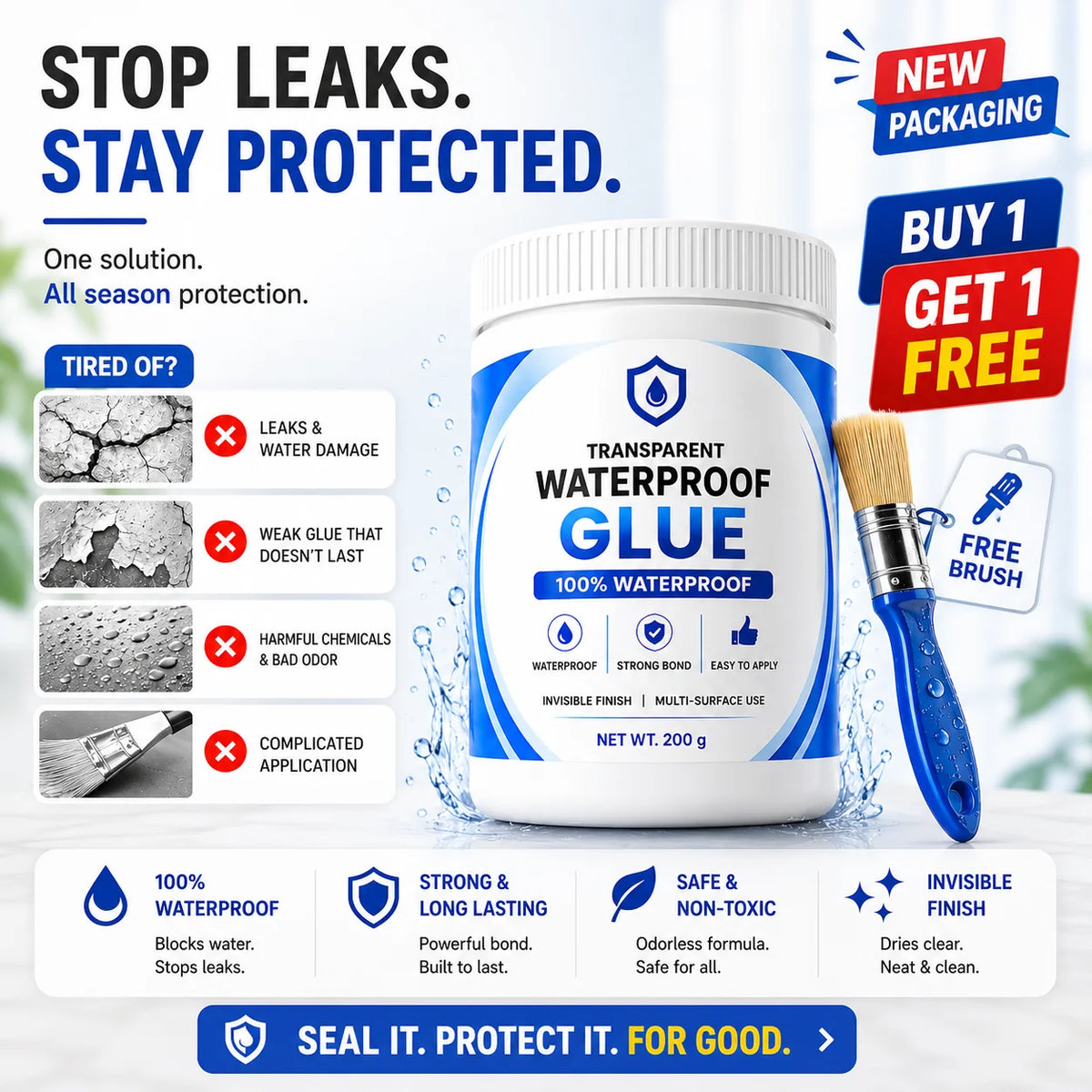 Transparent Waterproof Glue (Pack of 2) + Free Brush